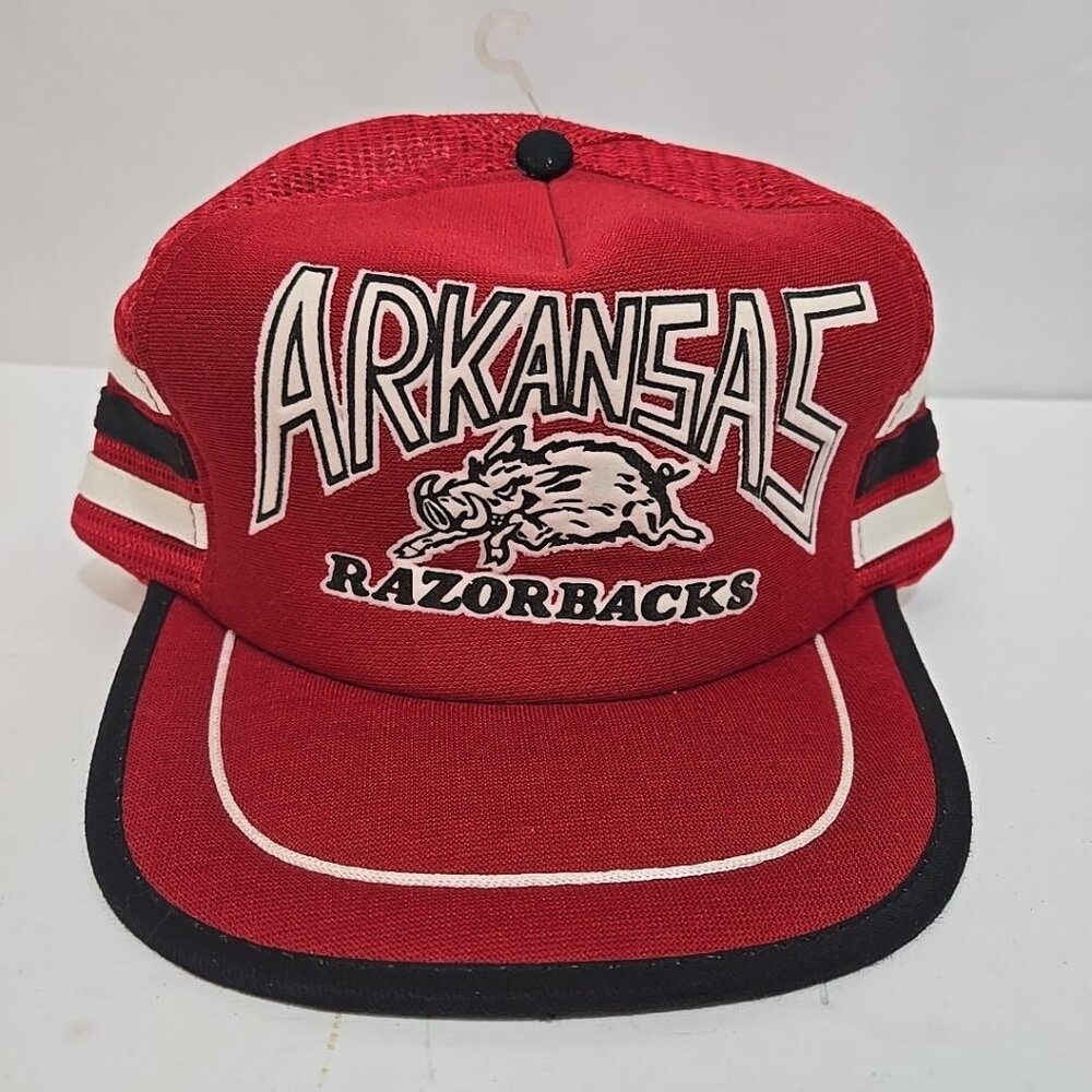 Vintage Arkansas Razorbacks Trucker Hat Cap Snap Back Mesh Hogs Logo Red Galaxy